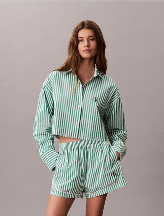 Calvin Klein Womens Cotton Poplin Cropped Sleep Shirt - Green - XL