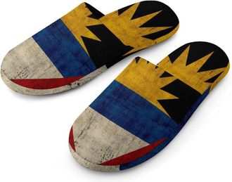 Generic Vintage Barbuda Flag Flannel Mens Slip-on Slippers Winter Warm House Shoes with Rubber Sole for Home Hotel