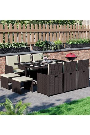 Home Discount 11Pc Garden Vida Cuba 10 Seater Rattan UKFR Fabric Garden Furniture in Brown