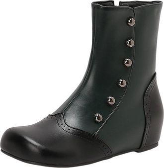 Generic Green Womens Round Toe Flat Boots with Color Block Style for Winter Casual Outfits Pu Leather Comfortable and Versatile