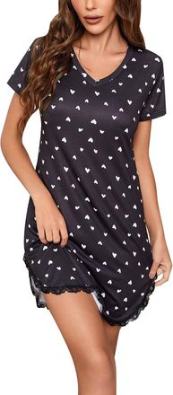 Generic Older Ladies Nighties Long Nightgowns Birthday New Women Summer Sexy Heart Print Short Sleeve Ice Silk Nightgown Sexy Dress Up For Women (Black, M)