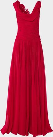Carolina Herrera Flower Draped Off-The-Shoulder Silk Chiffon Gown