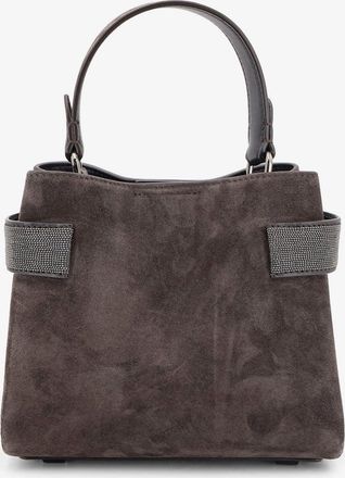 Brunello Cucinelli Womens Suede Crossbody Bag Monili Detail Grey Shoulder