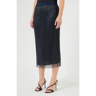 Marina Rinaldi Crystal Mesh Overlay Stretch Jersey Skirt in Midnight Blue at Nordstrom, Size X-Large