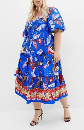 City Chic Capria Print Cotton Midi Dress in Calista at Nordstrom, Size Xxxs