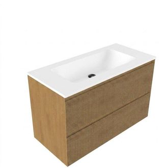Saniclass Holz Atelier Badkamermeubelset - 100x45x77.5cm - Torino solid surface wastafel wit - zonder kraangat - 2 lades - mat eiken natural (hout)
