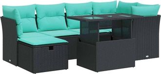 vidaXL 7 Piece Garden Sofa Set with Cushions Black Poly Rattan Acacia vidaXL