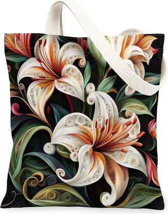 Generic Spring Quilting Paper Lilies Flower Canvas Tote Bag for Shopping 13x15, Floral Wildflower Reusable Grocery Print Bag for Women Men, Garden Aesthetic P