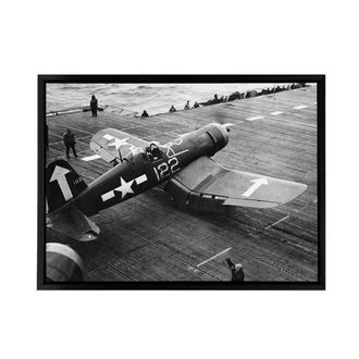 Artery8 War WWII USA F4u 1d Corsair Aircraft Framed Canvas Wall Art Print in Grey | Size: W24 x H32