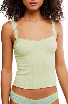 Free People Spring Fever Rib Lace Trim Camisole in Lime Kiwi at Nordstrom, Size X-Small