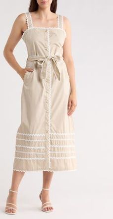 Ellen Tracy Cotton Poplin Rickrack Midi Dress in Stone at Nordstrom Rack, Size X-Small