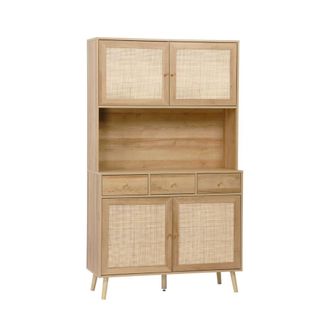 Sweeek Aparador de madera y ca&ntilde;a con 4 puertas y 3 cajones, 110cm, natural