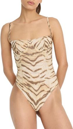 Good American Corset Demi Mesh Bodysuit in Brown Tiger at Nordstrom, Size Xx-Large