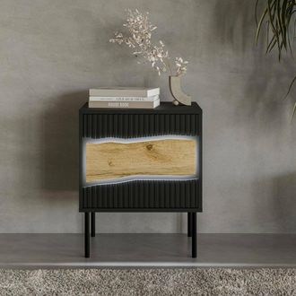 Dmora Comodino Ussana, Com Basso Con Anta Battente E Vano Interno, Finitura Effetto Liscio, 50x40 H62 Cm, Nero E Rovere Nodi