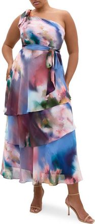 City Chic Metallic One-Shoulder Tiered Dress in Vintage Bouquet at Nordstrom, Size 14W