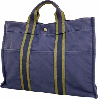 Herm&egrave;s Moss Green Navy Canvas Tote Bag (Pre-Owned)