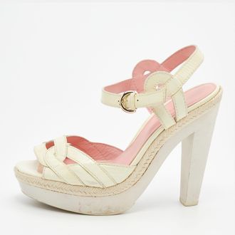 Sergio Rossi Cream Patent Leather Platform Espadrille Ankle Strap Sandals