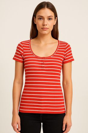 Vero Moda T-Shirt VERO MODA VMSEA SS HENLEY TOP JRS, Damen, Gr. XS, weiss (fiery rot stripes:snow wei&szlig;), Jersey, Obermaterial: 93% Baumwolle, 7% Elasthan, gestr
