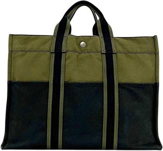 Herm&egrave;s Green Khaki Navy Canvas Tote Bag (Pre-Owned)