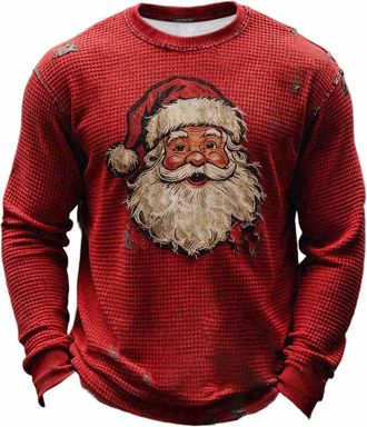 Generic Christmas T Shirt Mens Long Sleeve T Shirt, Waffle Crew Neck Ugly 2025 Xmas Santa Printed Graphic Novelty Funny Festival Winter Holiday Parties Casual
