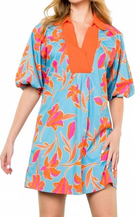 THML Clothing Puff Sleeve Flower Print Mini Dress In Blue