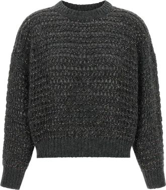 Brunello Cucinelli Dazzling Braids Jersey - Dames - Ronde hals truien - Grijs - S - Wol - Truien & Vesten