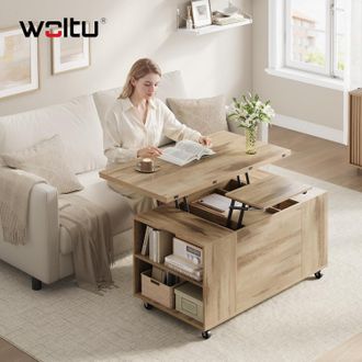 Woltu Woltu Mesa De Centro Doble Elevable, Moderna, Con Caj&oacute;n, Espacio De Almacenamiento Y Ruedas, Para Sof&aacute; De Sala, Roble Claro