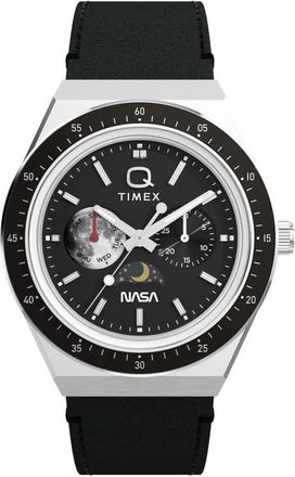 Timex Q Timex NASA 40mm Leather Strap Watch in Black/Silver-Tone at Nordstrom
