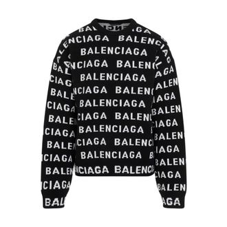 Balenciaga Round-neck Knitwear, male, Black, Size: S Wool Crewneck Sweater