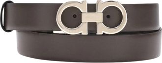 Ferragamo Smooth Brown Calf Leather Belt with Polished Double Gancini Buckle