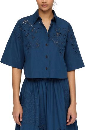 Lafayette 148 New York Embroidered Button Front Cropped Top