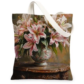 Generic Spring Farmhouse Lilies Canvas Tote Bag for Shopping 13x15, Rustic Farm Floral Reusable Grocery Print Bag for Women, Country Flower Beach Aesthetic Pa