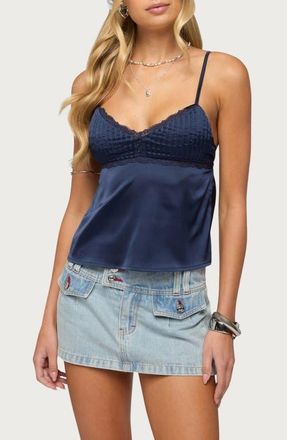 Edikted Blanca Lace Trim Satin Camisole in Navy at Nordstrom, Size X-Small
