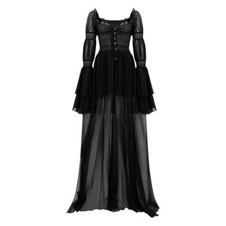 Blumarine Gowns, female, Black, Size: XS Long Chiffon Silk Dress with Buttons