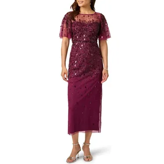 Adrianna Papell Beaded Flutter Sleeve Mesh Cocktail Dress in Bordeaux at Nordstrom, Size 10