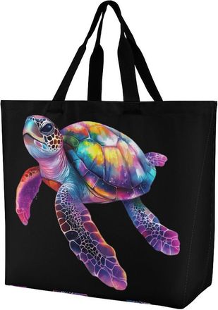 Generic Colorful Sea Turtle Large Reusable Shopping Bag Lightweight Foldable Tote Bags Washable Shoulder Handbag