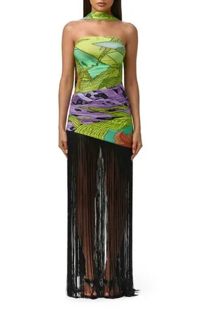 Naked Wardrobe Print Strapless Fringe Maxi Dress with Scarf in Lethal Botanical at Nordstrom, Size X-Large