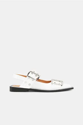 Ganni White Wide Welt Buckle Ballerinas - Size 35 Calf Leather