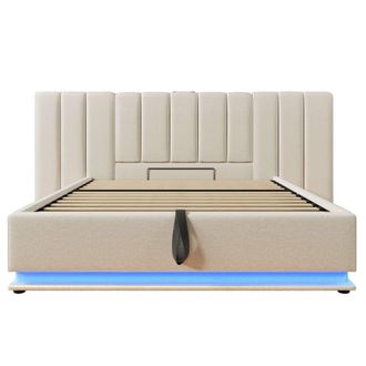 Urban Meuble Cama doble con canap&eacute; tapizada en lino beige con iluminaci&oacute;n led