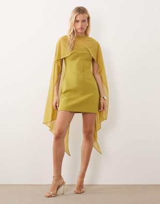 Asos Vestito corto in tessuto scuba verde avocado con spalle a mantella trasparenti