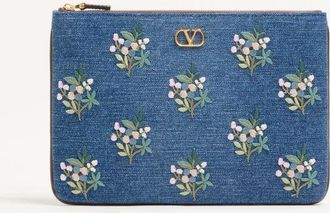 Valentino Garavani Pochette Valentino Garavani VLogo Signature in denim con ricamo floreale Donna DENIM UNI
