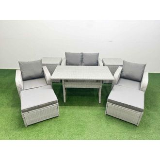 Fimous Light Grey pe Wicker Rattan Garden Furniture Set Sofa Set Reclining Chair Rectangular Dining Table 6 Seater 2 Big Stools 2 Side Table - Fimous