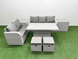 Fimous 7 Seater PE Rattan Wicker Garden Furniture Patio Conservatory Sofa Set w/ Adjustable Lifting Dining or Coffee Table 3 Seater Sofa Love Sofa 2