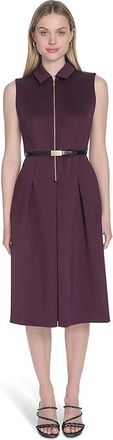 Calvin Klein Sleeveless Scuba Belted Zipper Dress Womens Dress Aubergine : 12, Polyester/Spandex