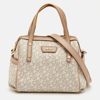 DKNY Dkny Beige/white Signature Coated Canvas And Leather Top Zip Satchel