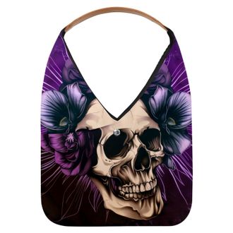 Generic Purple Skull Flower Print Reusable Lightweight Grocery Bags - Foldable Into Compact Pouch, Washable & Sturdy, Multipurpose for Shopping and Travel