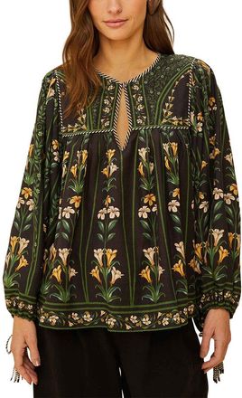 Farm Rio Farm Rio Flowers Arch Black Long Sleeve Linen-Blend Blouse
