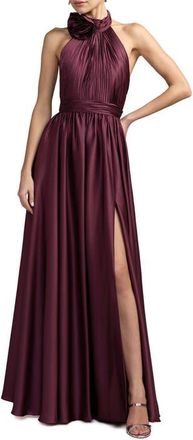 Mac Duggal Rosette Halter Chiffon Evening Gown in Eggplant at Nordstrom, Size 12
