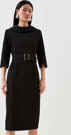 Karen Millen Womens Petite Tailored Structured Crepe Roll Neck Pencil Midi Dress - Black Viscose - Size 10 UK