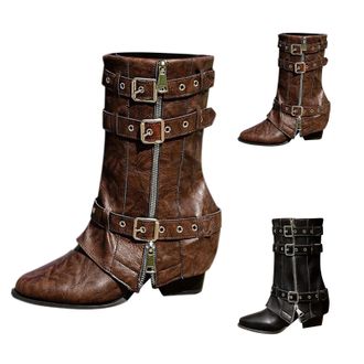 Generic Womens Fold Over Mid Calf Boots Pointed Toe Chunky Low Heel Boots with Side Adjustable Buckle and Zipper, Ladies Winter Retro Rouched Motorcycle Ridin